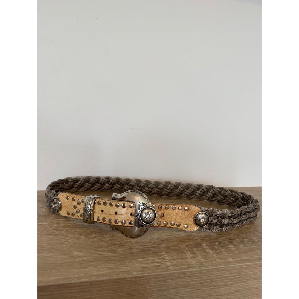 Nanni Italy Silver Metallic Mesh Braided Leather Studded Western Belt‎ Tan 32